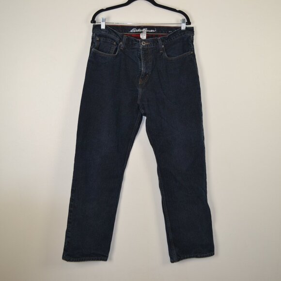 Eddie Bauer Mens 34x30 Fleece Plaid Lining Relaxed Fit 5 Pocket Warm Denim Jeans - Picture 1 of 9